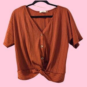 Ribbed Terracotta Button-Front Crop Top